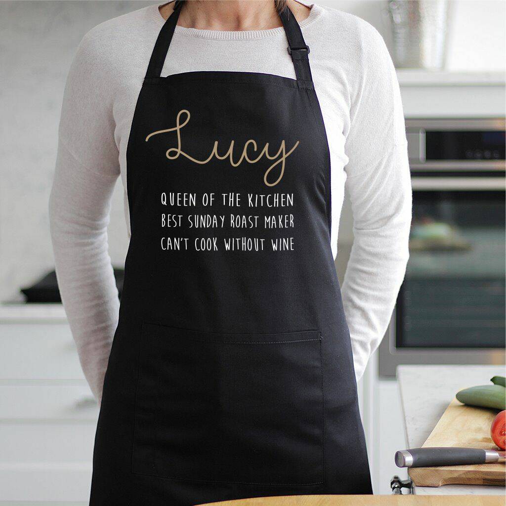 Personalised adult apron in black with name, stylish kitchen gift for him or her
