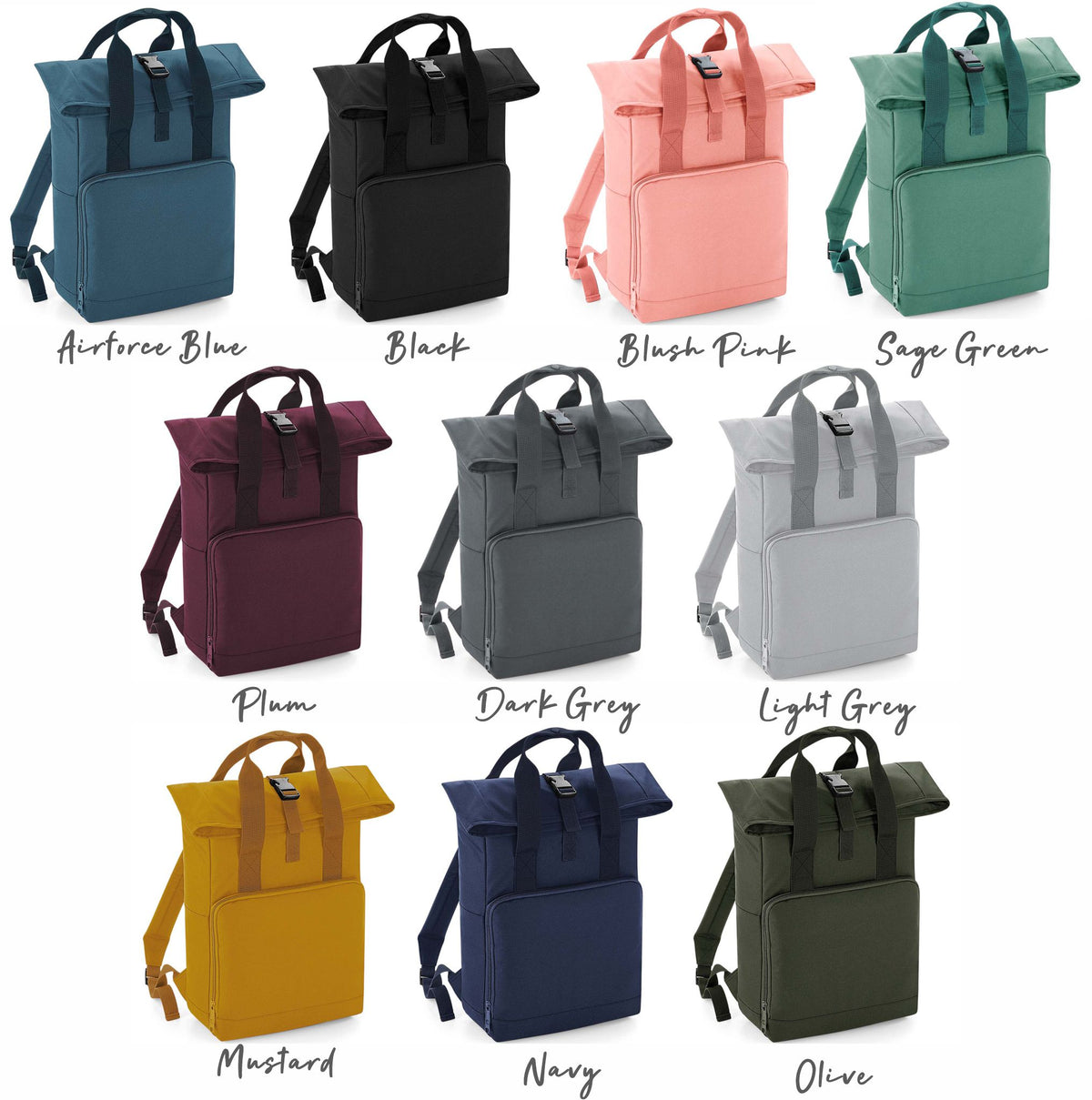 Collection of backpacks in various colors on a white background