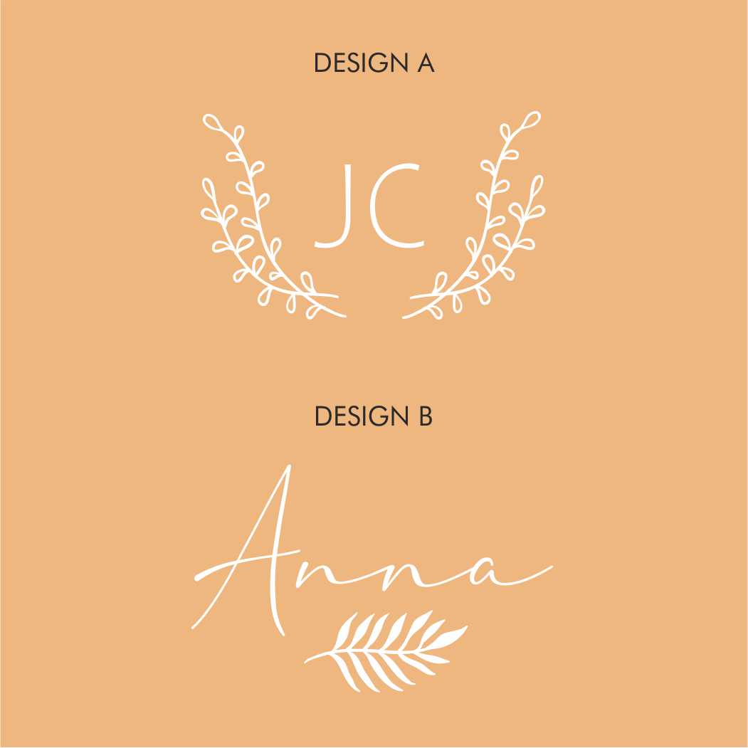 Two design options labeled A and B with initials and names on a beige background