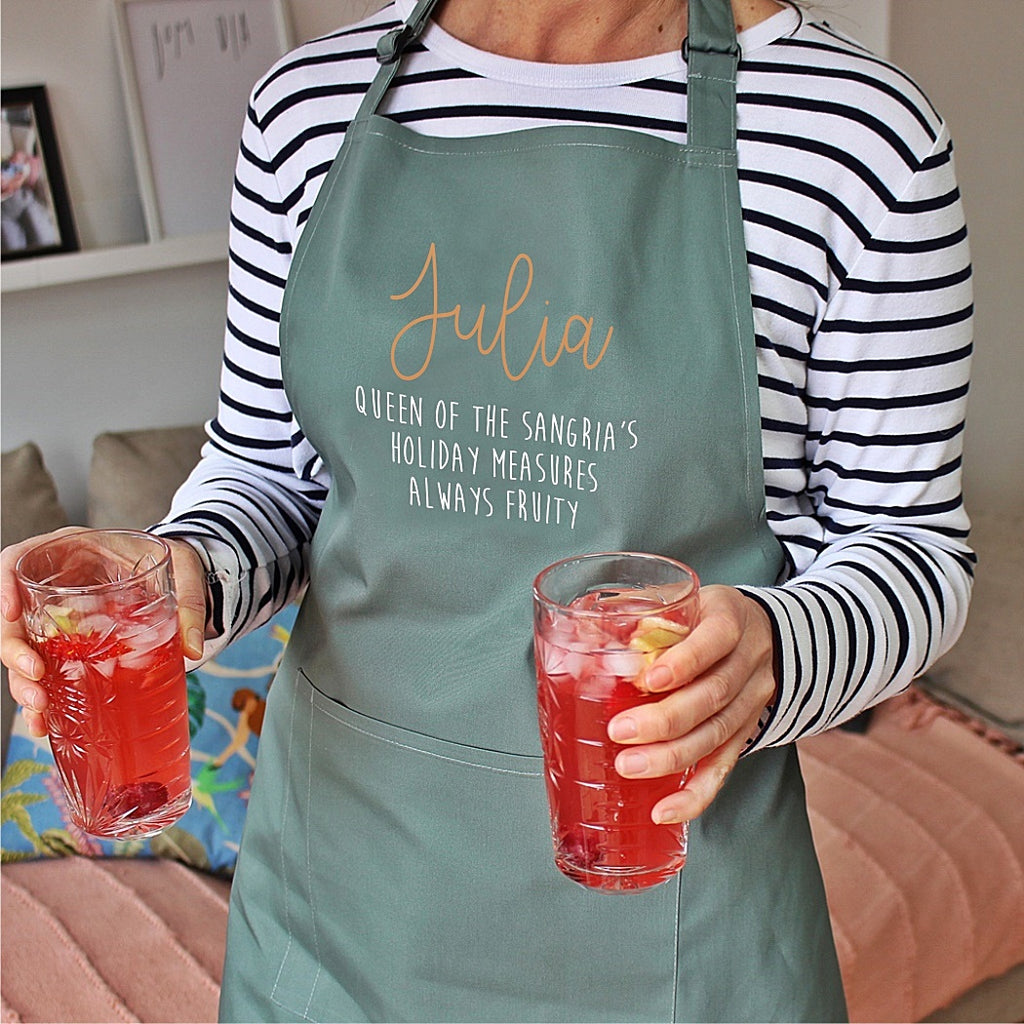Personalised adult apron in sage green with custom name, perfect gift for cooks and bakers"