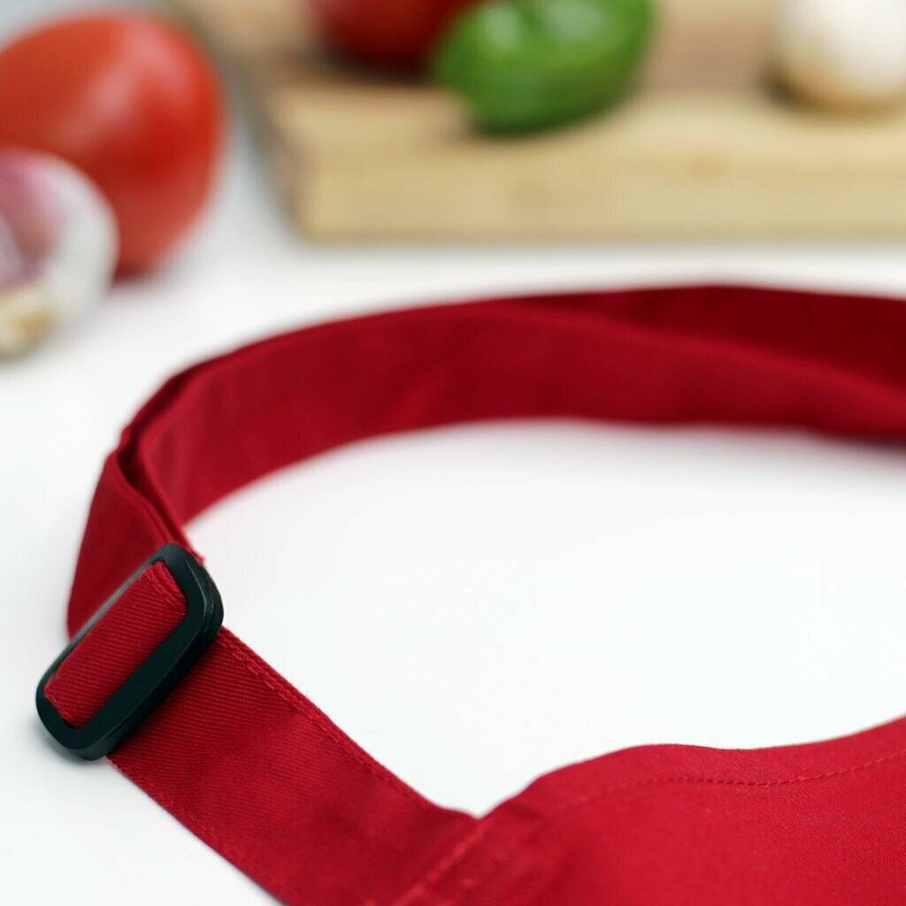 Close-up of adjustable neck strap on personalised adult name apron