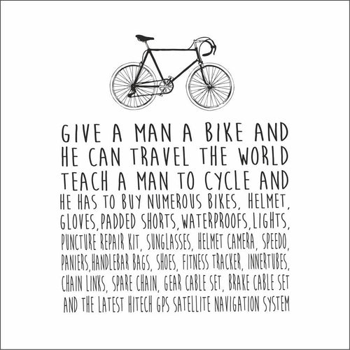 Bicycle illustration with a humorous quote on a white background