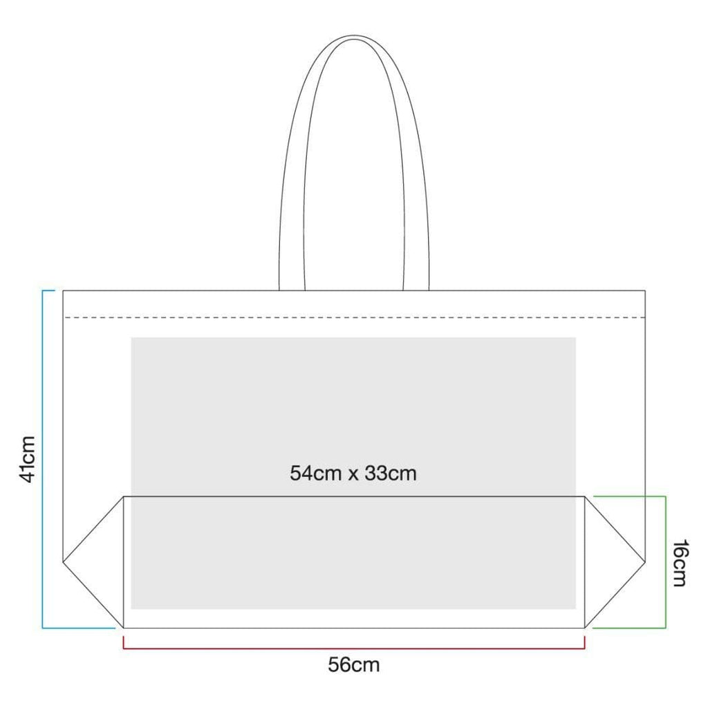 Measurement diagram of a tote bag with dimensions labeled