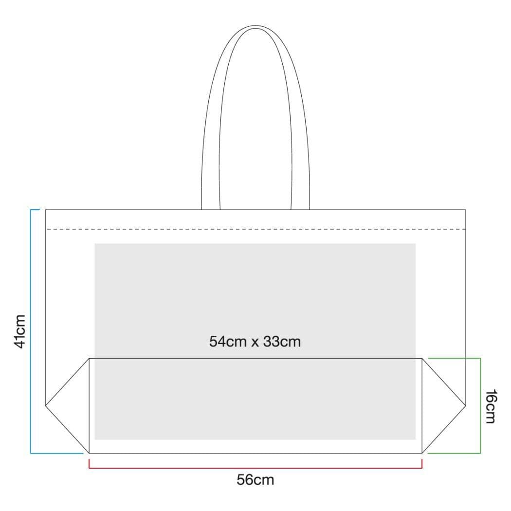 Measurement diagram of a tote bag with dimensions labeled