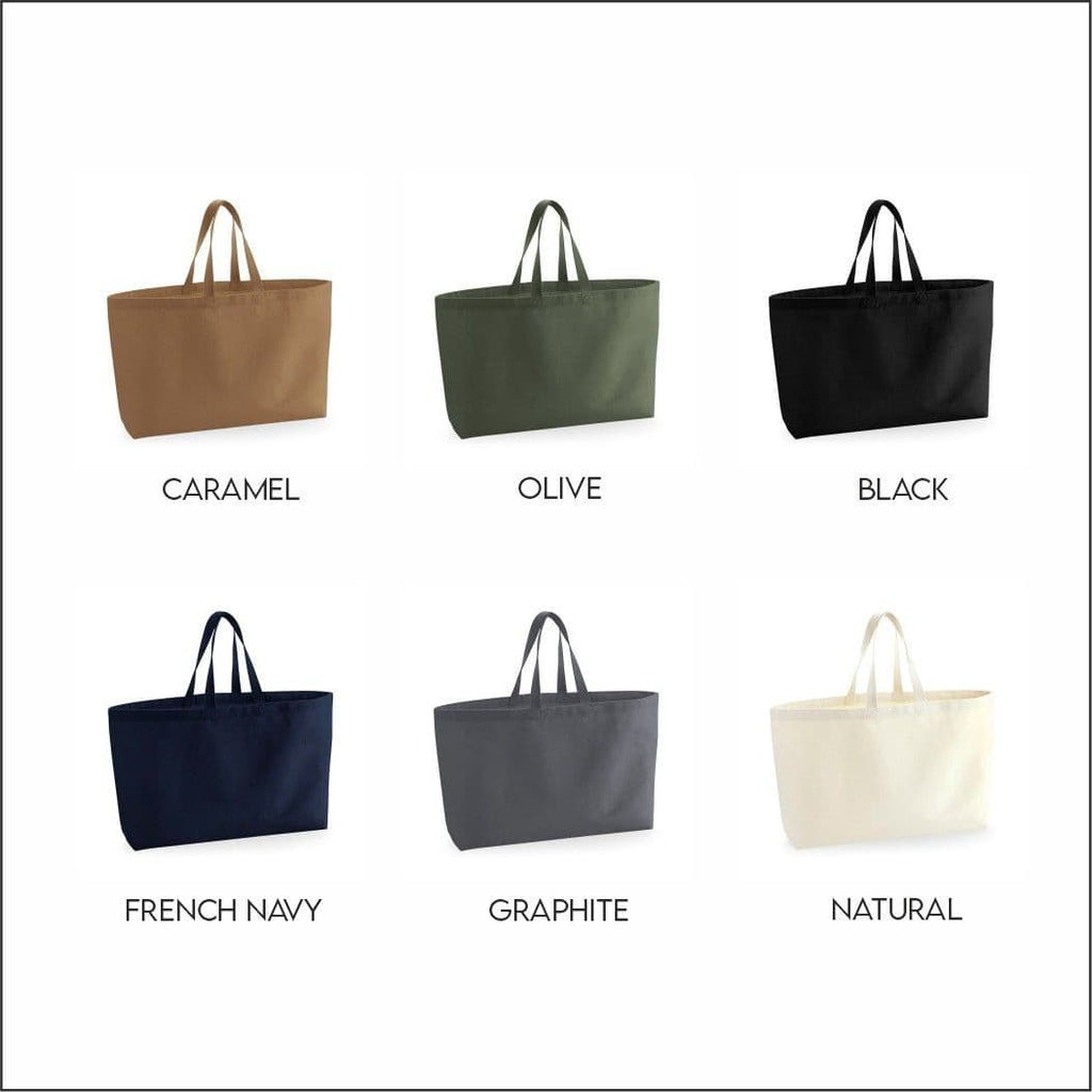 Set of six tote bags in different colors with labels on a white background