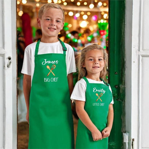 Children's Little Chef Big Chef Personalised Apron â€” A unique expression of their personality, this kids' baking or cooking apron is personalised with your child's first name at the top and