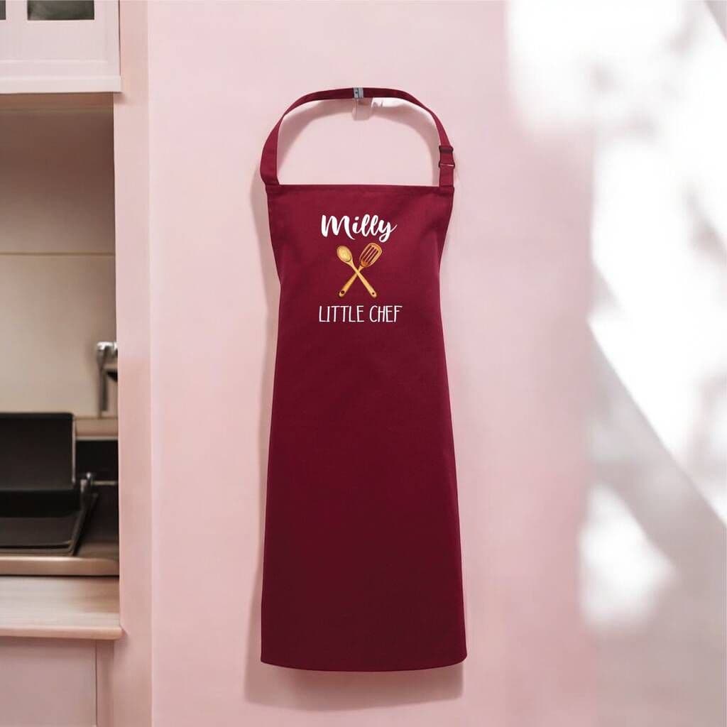 Children's Little Chef Big Chef Personalised Apron â€” A unique expression of their personality, this kids' baking or cooking apron is personalised with your child's first name at the top and