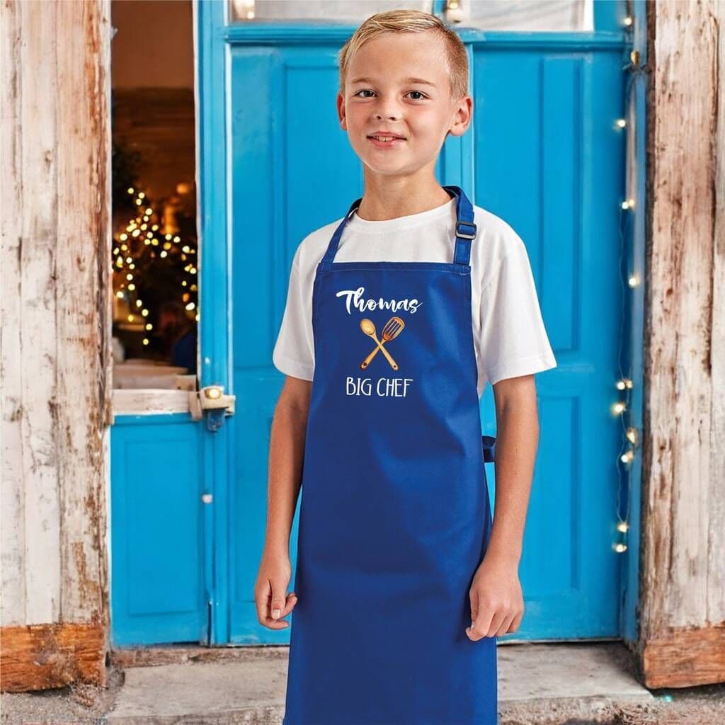 Children's Little Chef Big Chef Personalised Apron â€” A unique expression of their personality, this kids' baking or cooking apron is personalised with your child's first name at the top and