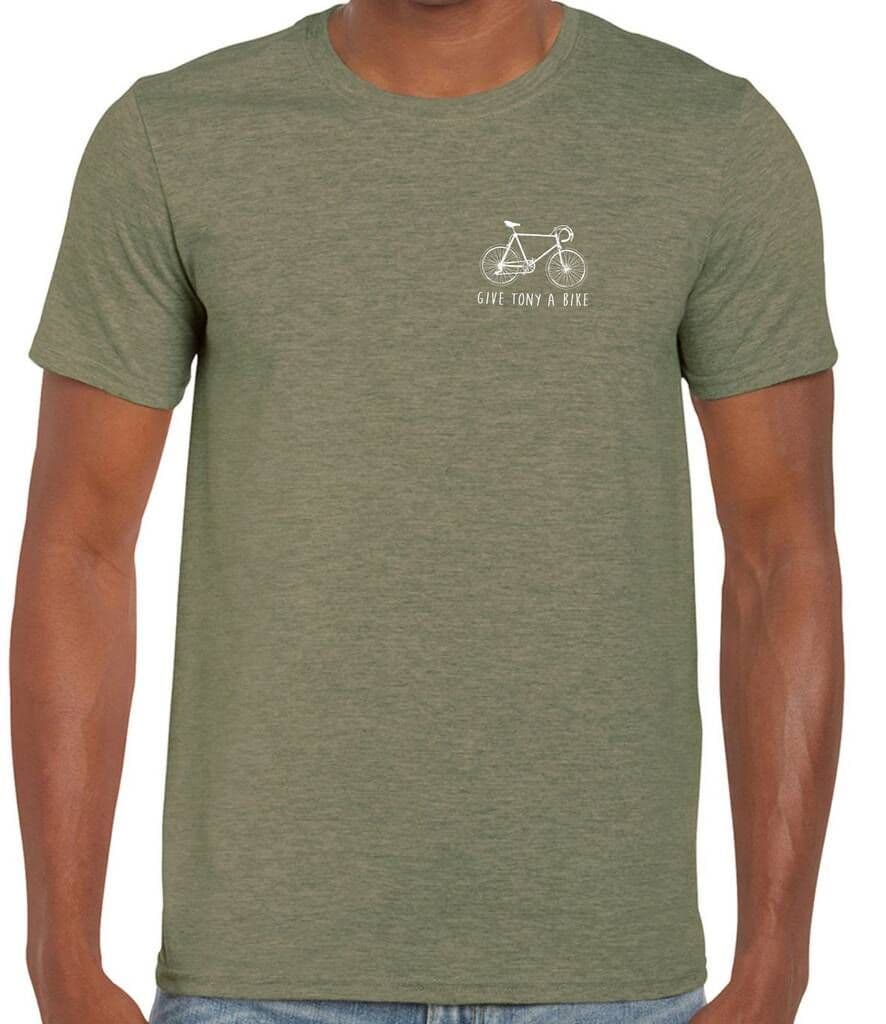 Green t-shirt with a bicycle graphic and text on a white background