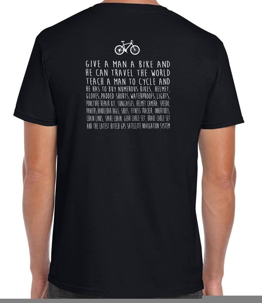 Black t-shirt with bicycle-themed text on the back, displayed on a person.