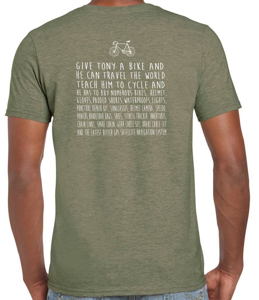 Green t-shirt with text and bicycle graphic on the back, worn by a person.