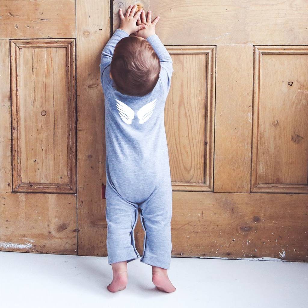 Heaven Sent Baby Romper in Grey with wings on the back
