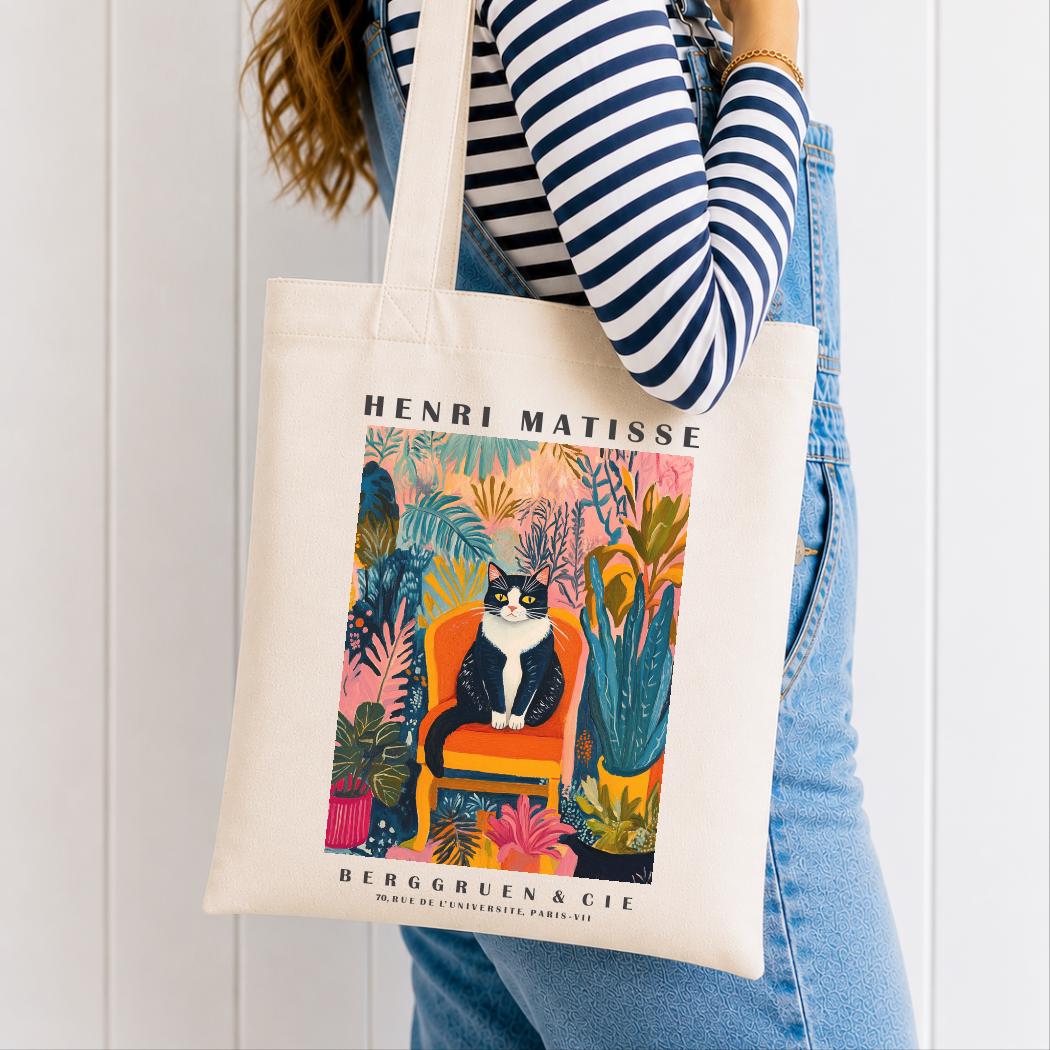 Black and White Cat Tote Bag – Matisse-Inspired Cat Art