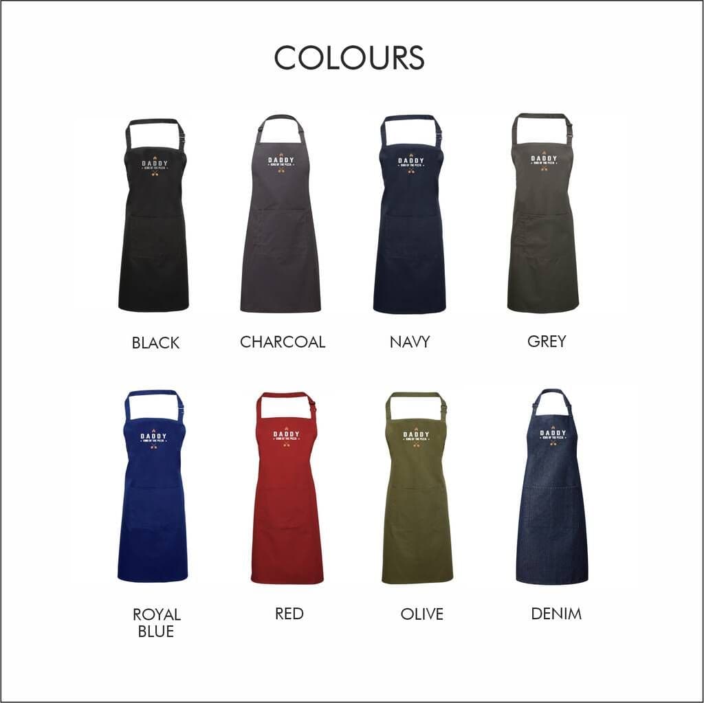 Collection of aprons in various colors with 'Raby' branding on a white background.
