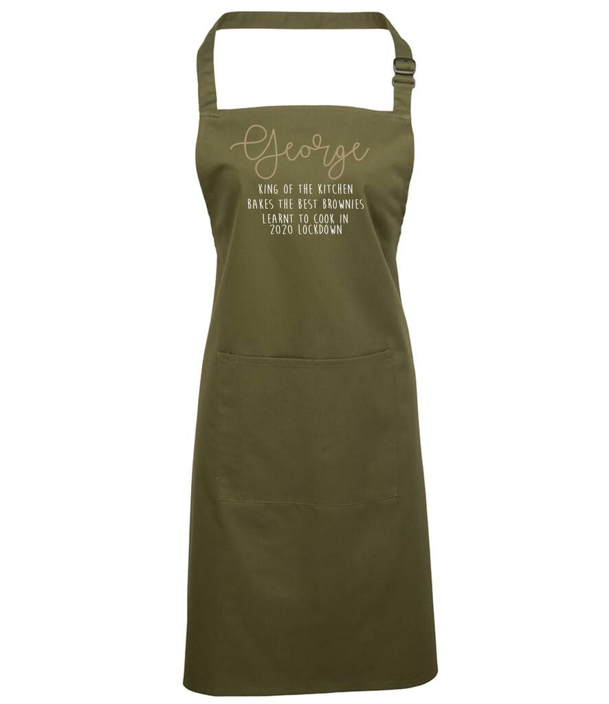 Personalised adult cooking apron with name, handmade in the UK by Jack Spratt