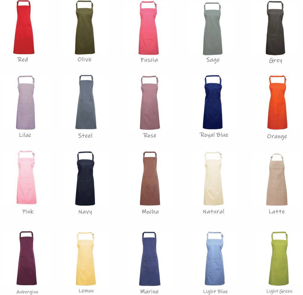 Collection of aprons in various colours on a white background. Personalised adult baking apron with name, thoughtful gift for foodies and home cooks