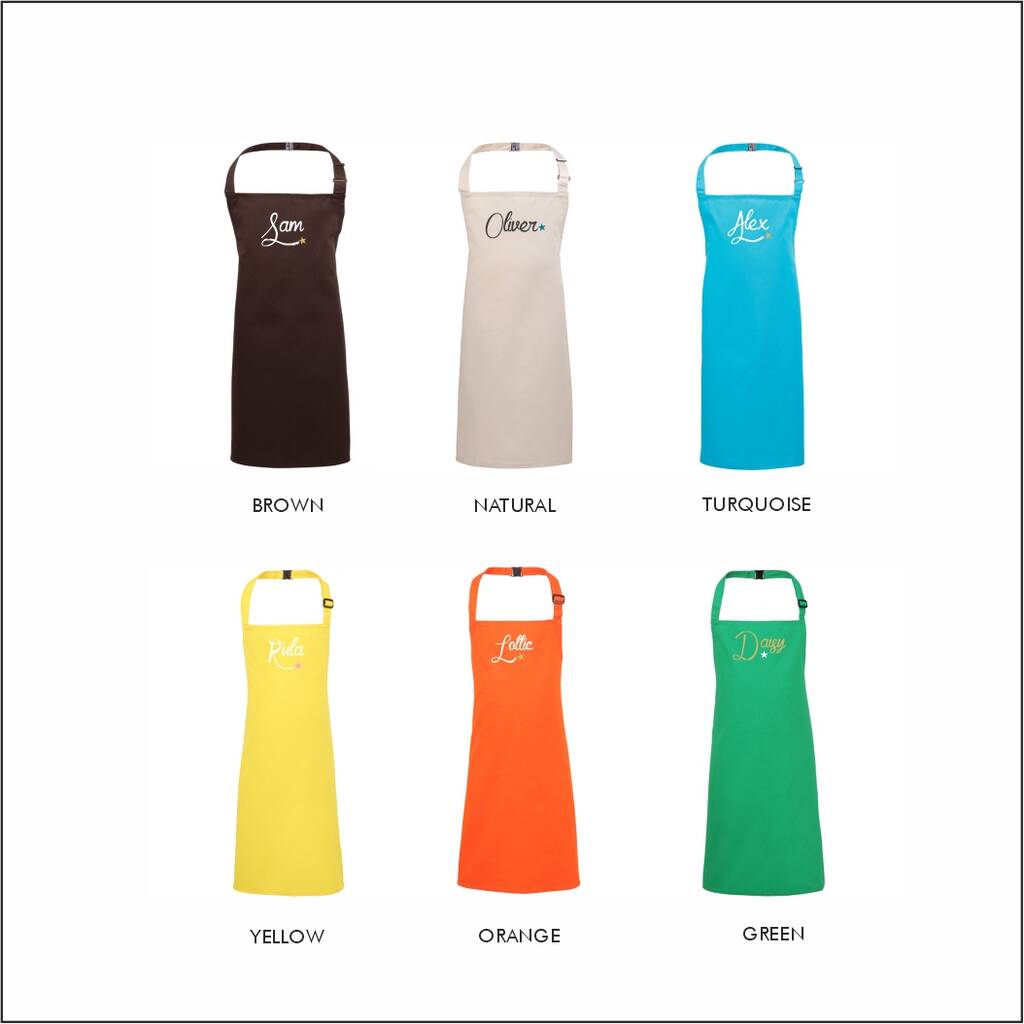 Set of six colourful aprons in different colours with names printed on them.