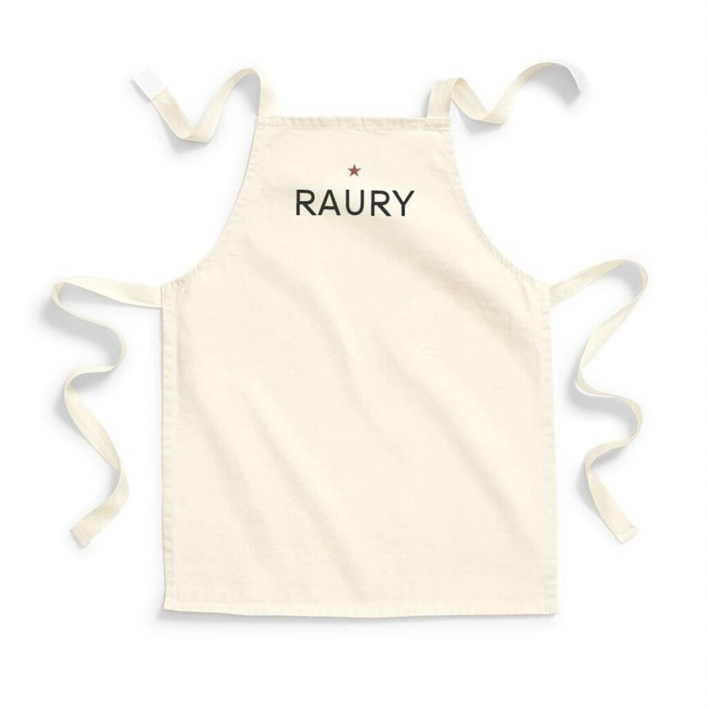 Beige apron with 'RAURY' text on a white background
