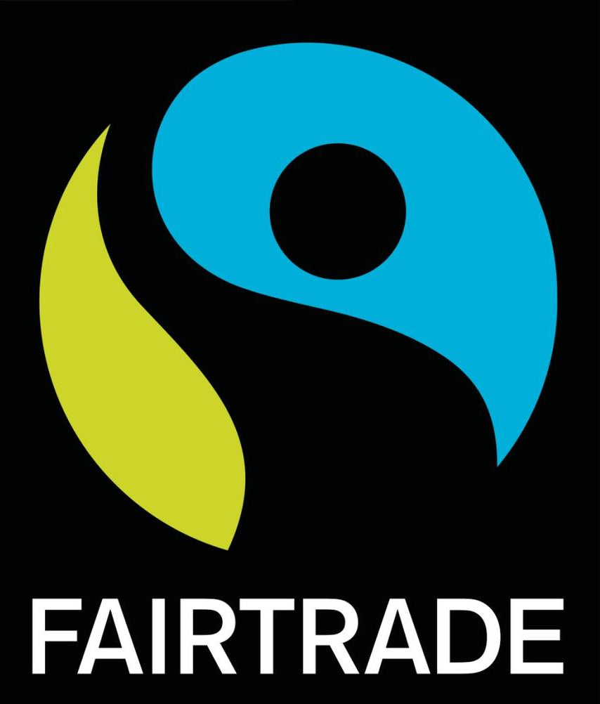 Fairtrade logo with a blue circle and yellow leaf on a black background