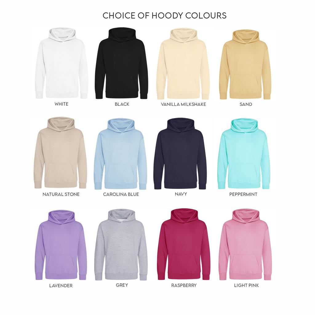 Chart showing various hoodie colors on a white background