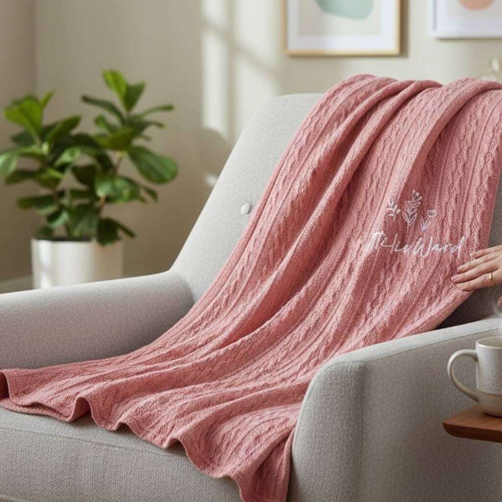 Pink blanket draped over a chair in a cozy living room with a plant and cup.