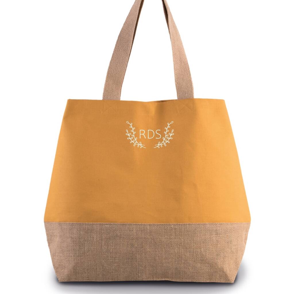 Yellow tote bag with brown base and handles on a white background