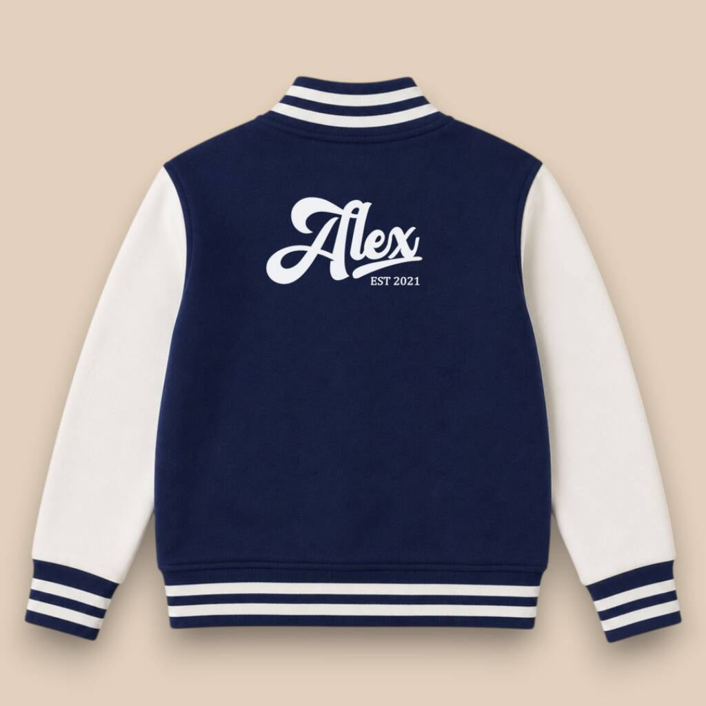 Navy Blue Varsity Jacket which is personalised in a retro font with the name Alex