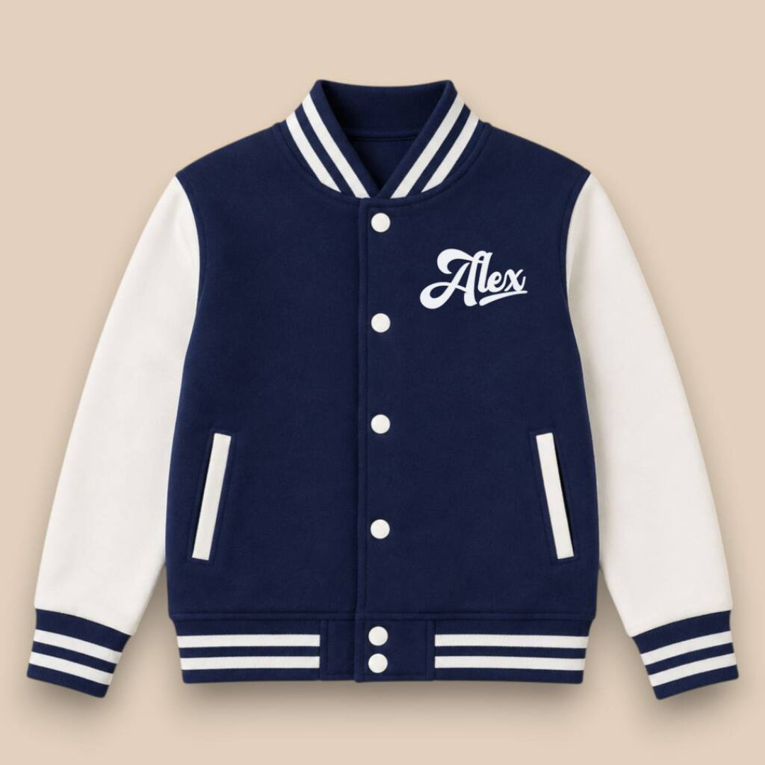 Navy Blue Varsity Jacket Personalised with the name Alex