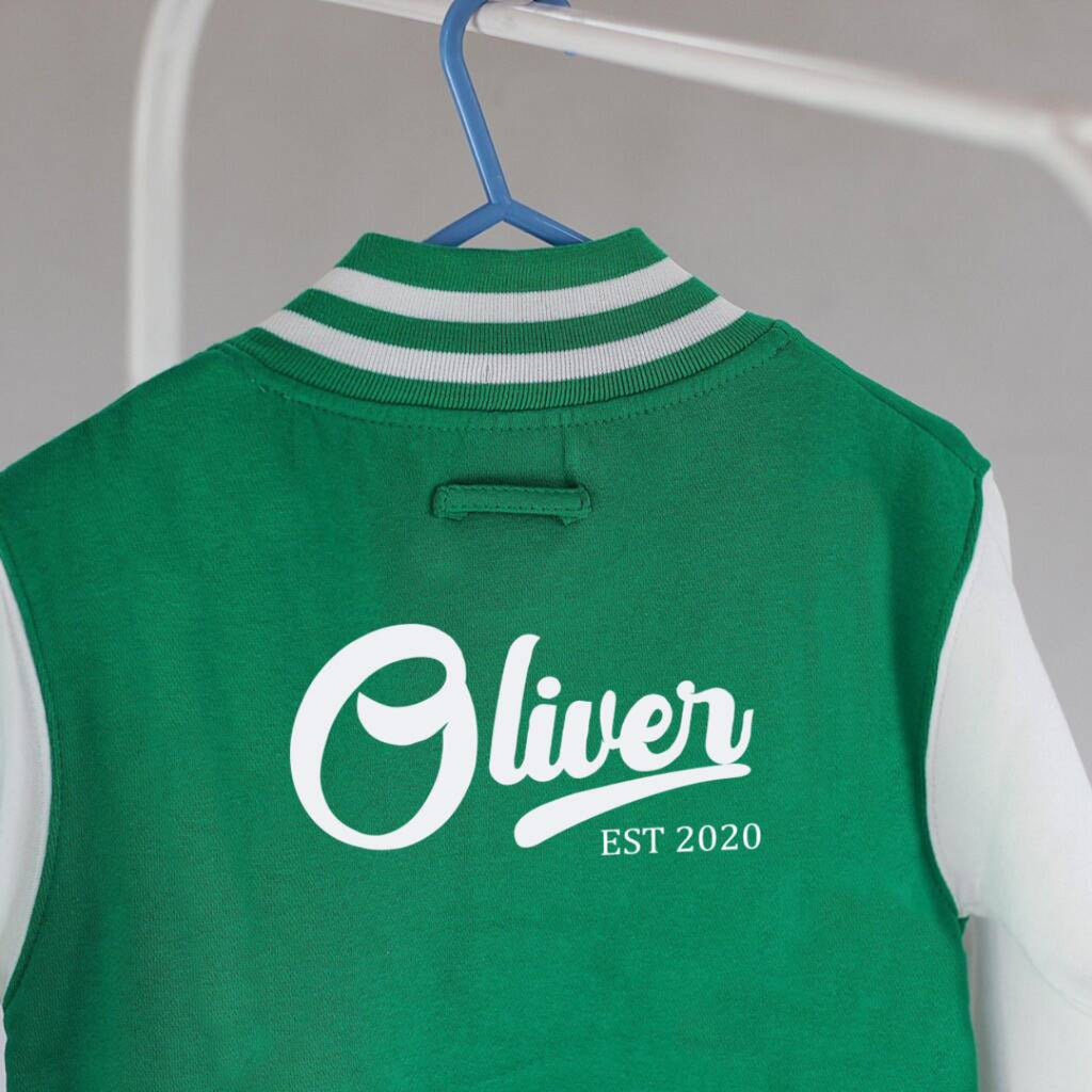 Green Kids Varsity Jacket Personalised with the name Oliver 