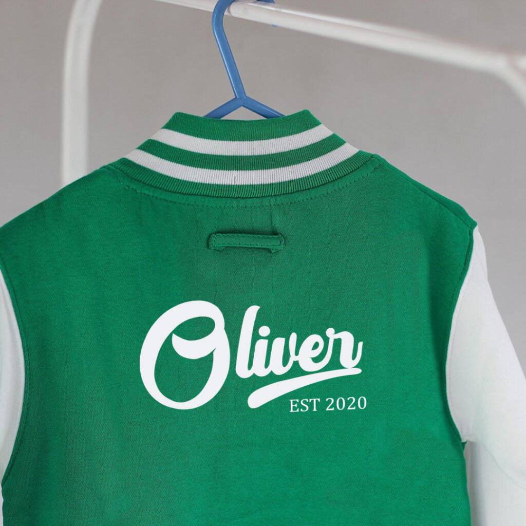 Green Kids Varsity Jacket Personalised with the name Oliver 