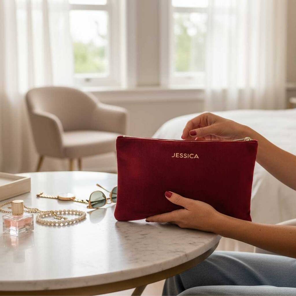 Person holding a red pouch with 'JESSICA' on it in a room with a table and chair.