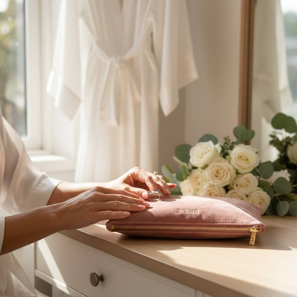 Person holding a ring over a pink pouch on a table with flowers and curtains in the background