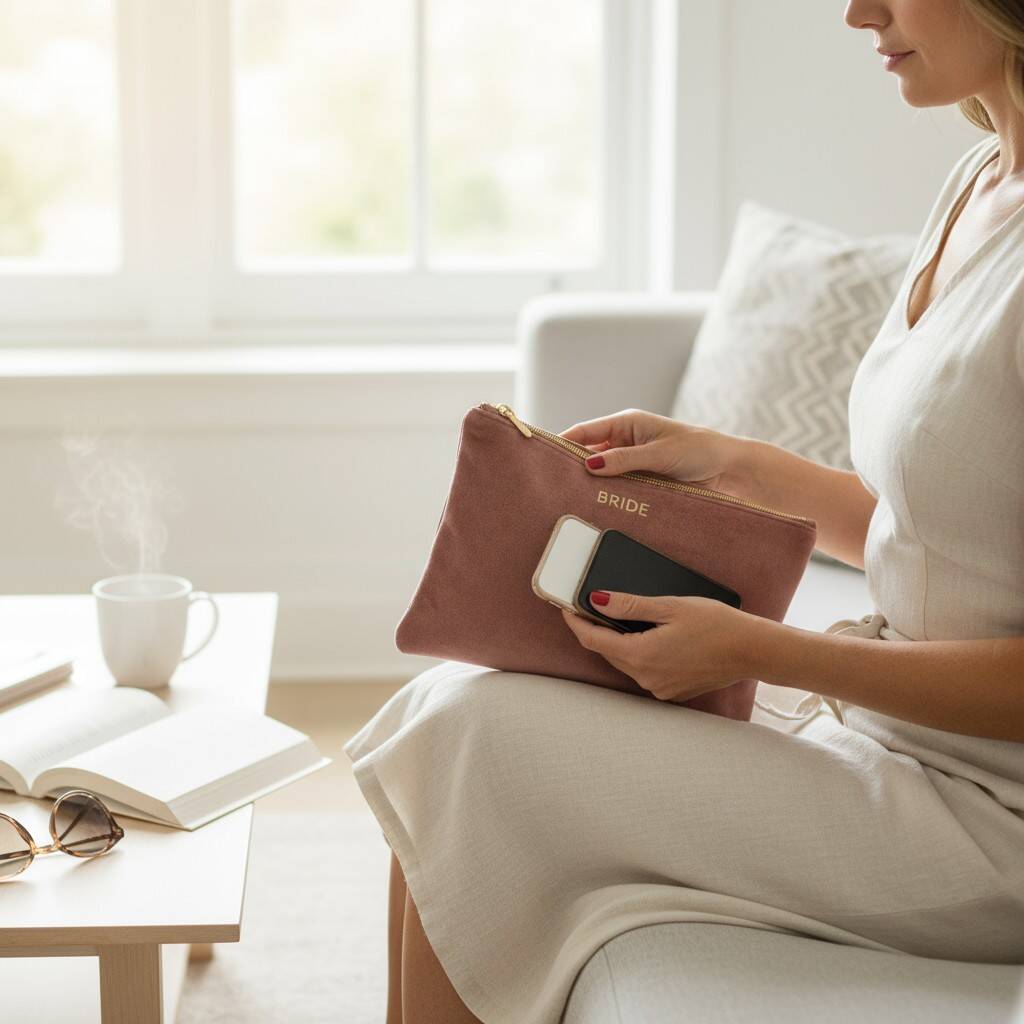 Woman holding a pink pouch labeled 'Bride' in a bright living room.