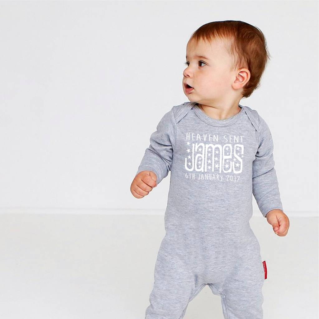 Personalised Heaven Sent Baby Romper in Grey with the name James