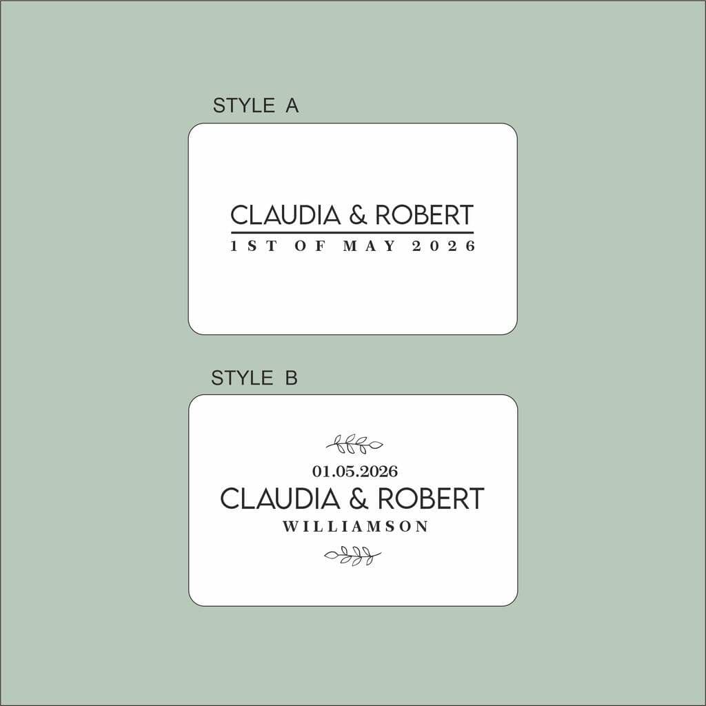 Two design options for personalized name and date labels on a light green background.