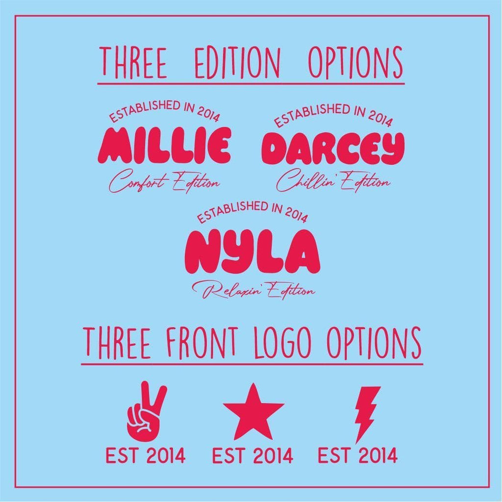 Promotional graphic with 'Millie Darcey' and 'Nyla' branding options on a light blue background..
