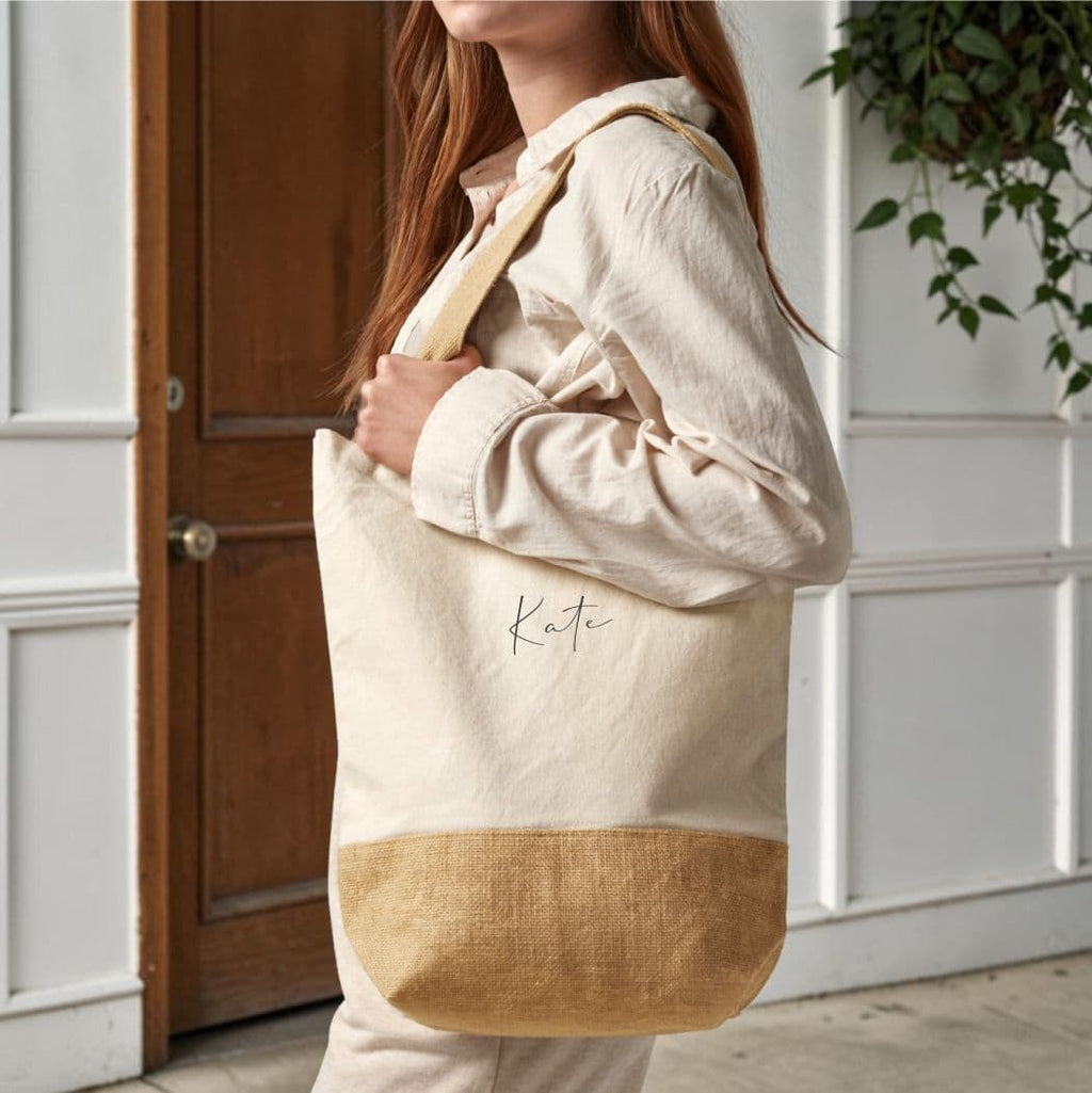 Personalised Embroidered Slender Jute Canvas Shopping Bag Cream and Natural 