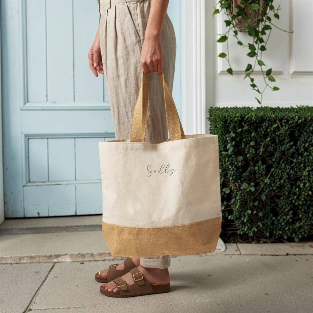 Personalised Embroidered Slender Jute Canvas Shopping Bag