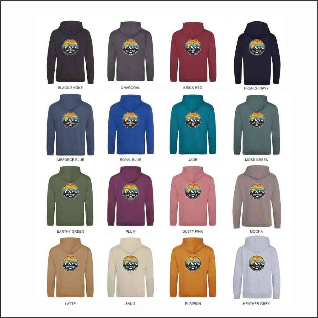 Collection of hoodies in various colors with a logo on a white background