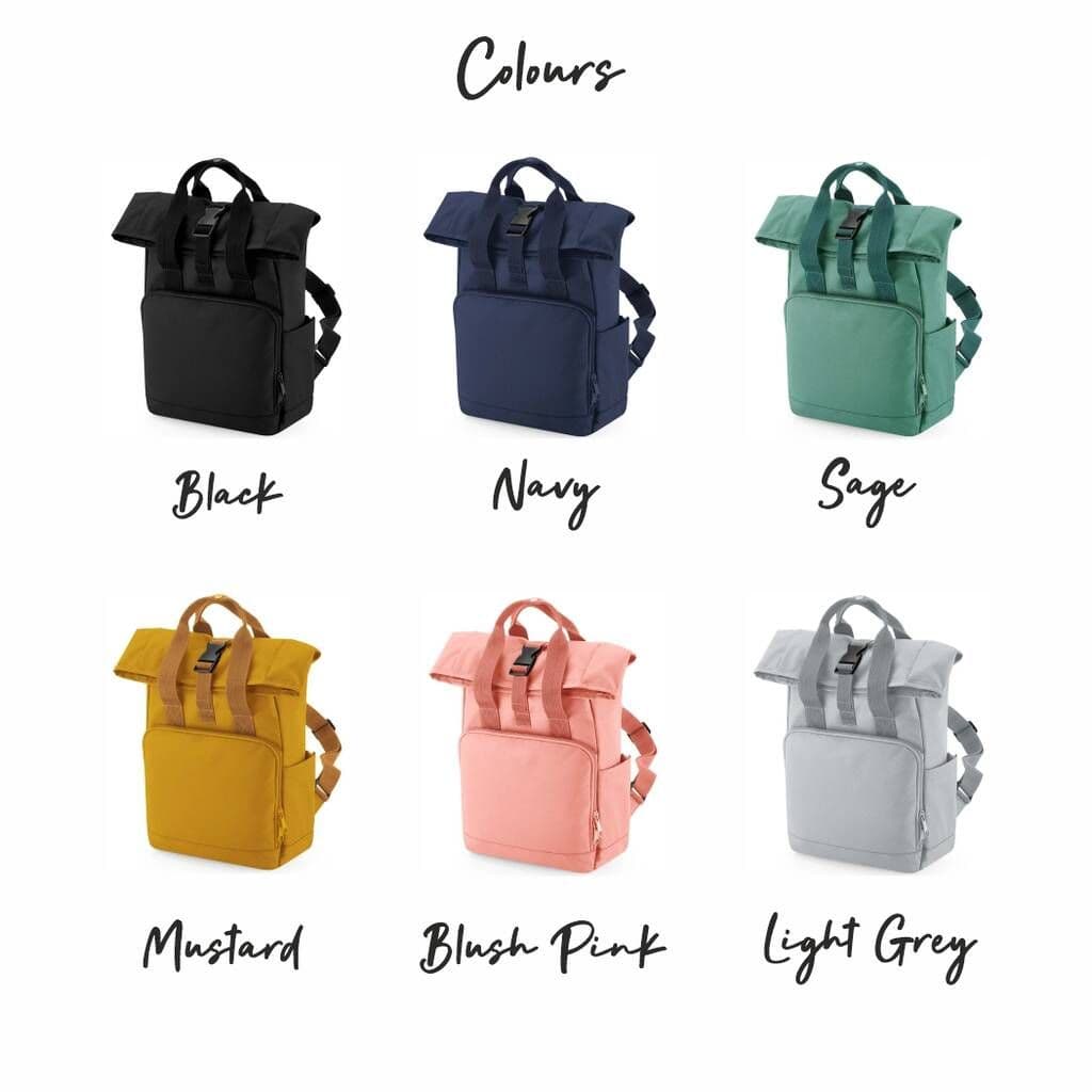 Colour guide showing all six backpack colours: Black, Navy, Sage Green, Mustard, Blush Pink and Light Grey