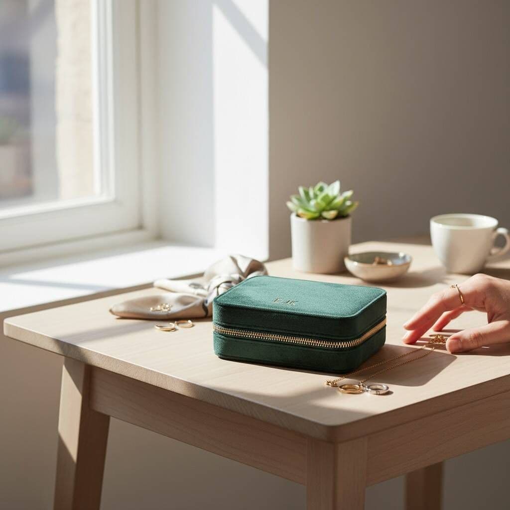 Green jewelry box on a wooden table with a hand reaching out, near a window with sunlight streaming in.