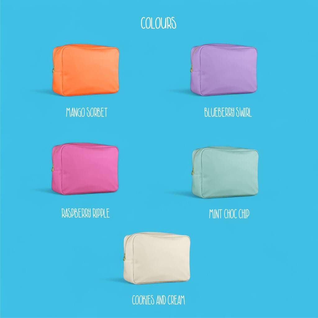Five colorful bags on a blue background with color names below each.