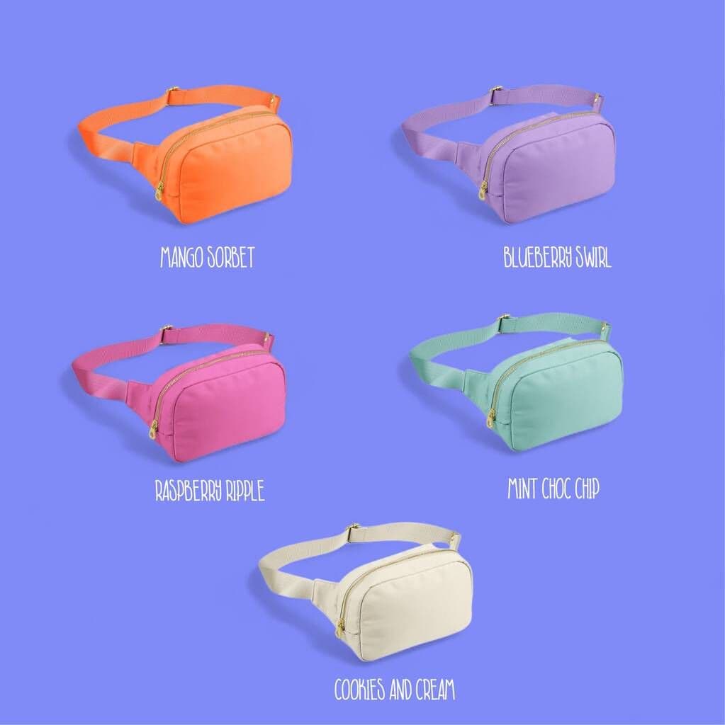 Five colorful waist bags on a blue background with labels for each color.