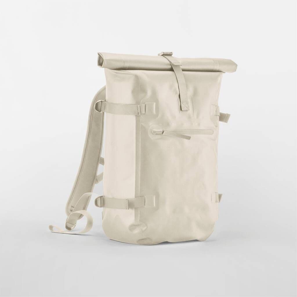 Beige roll-top backpack on a light gray background