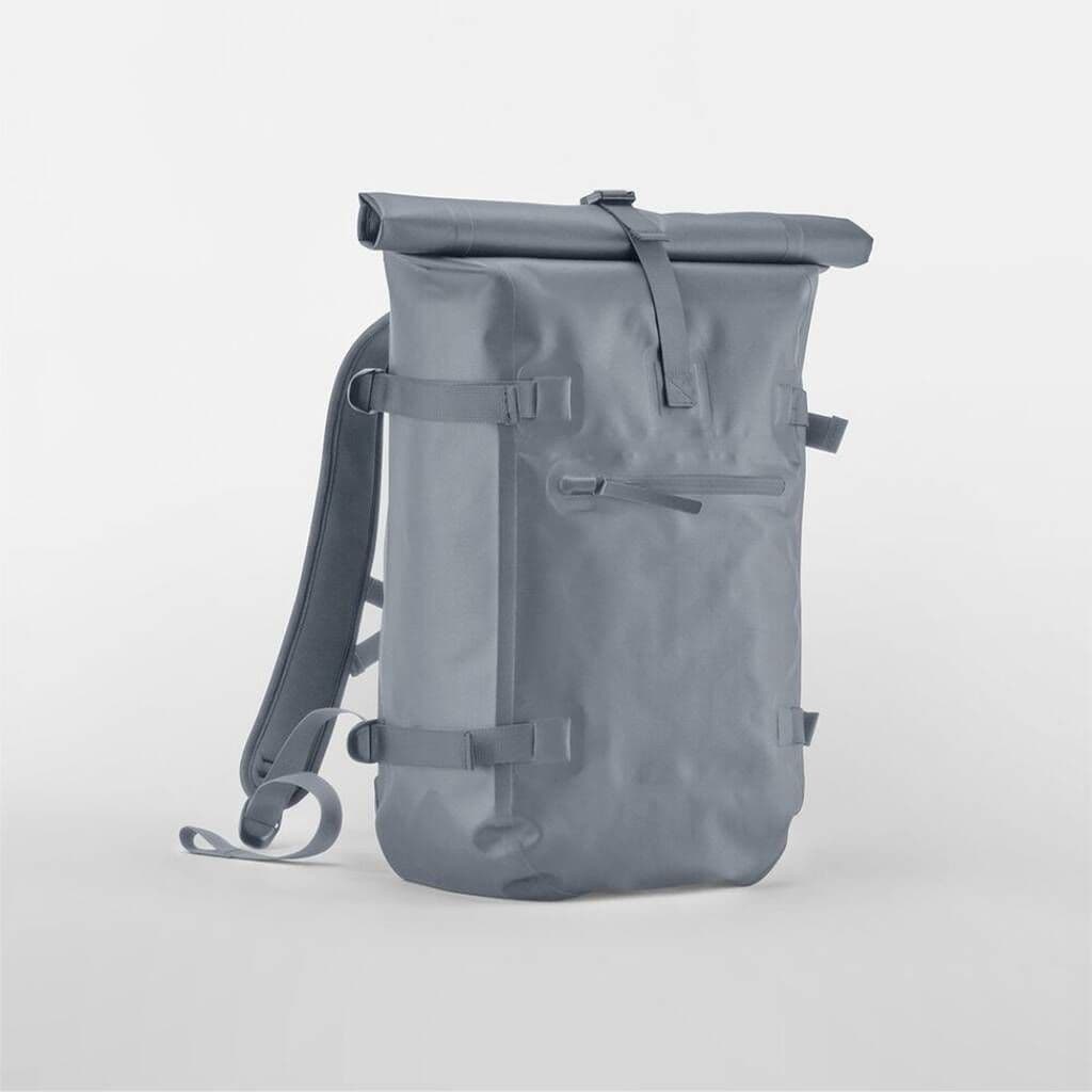 Gray roll-top backpack on a light gray background