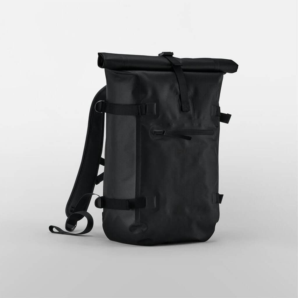 Black roll-top backpack on a light gray background
