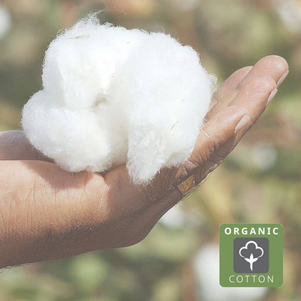 Hand holding a ball of organic cotton with an organic cotton logo in the corner.