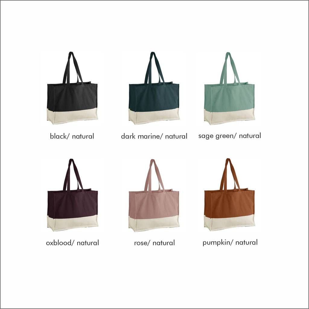 Set of six tote bags in different color combinations on a white background