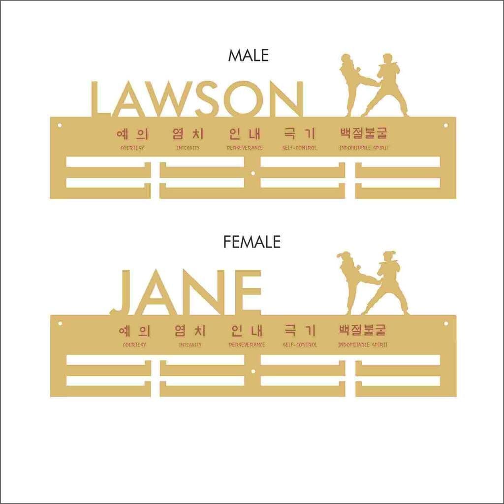 Gold nameplates for 'Lawson' and 'Jane' with silhouette graphics on a white background