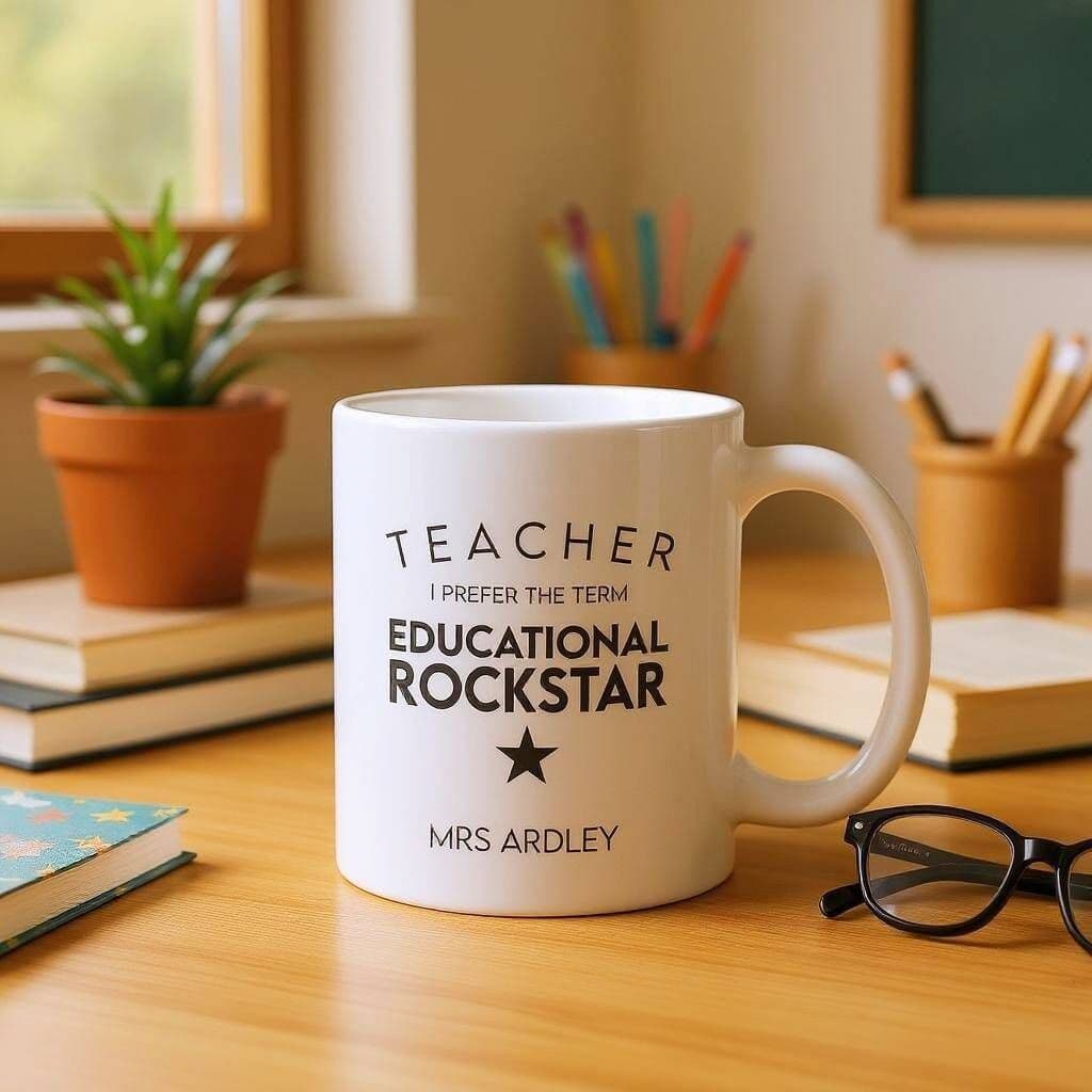 White mug with 'Teacher, I prefer the term educational rockstar' text on a desk with books and glasses.